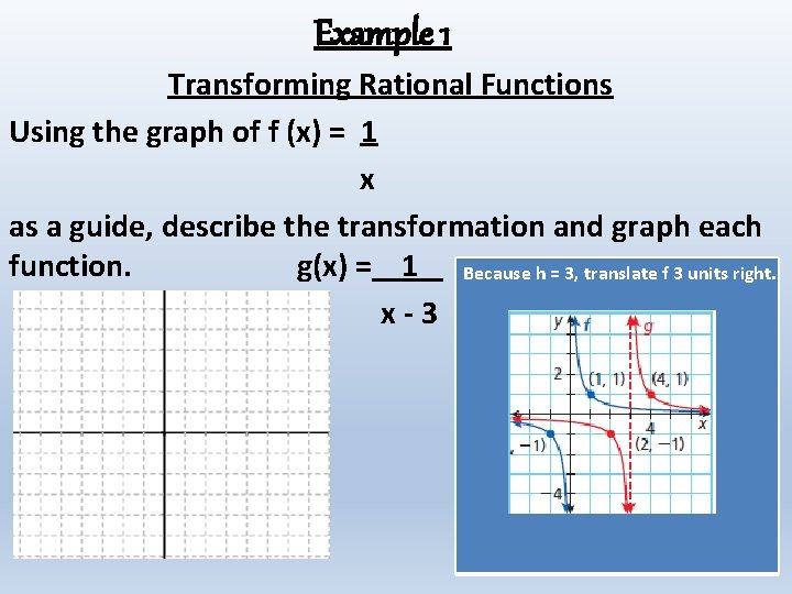 Example 1 Transforming Rational Functions Using the graph of f (x) = 1 x