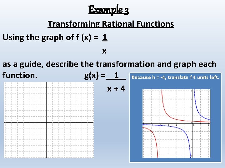 Example 3 Transforming Rational Functions Using the graph of f (x) = 1 x