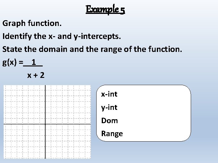 Example 5 Graph function. Identify the x- and y-intercepts. State the domain and the