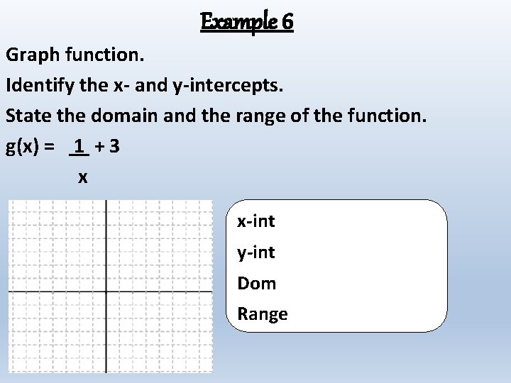 Example 6 Graph function. Identify the x- and y-intercepts. State the domain and the