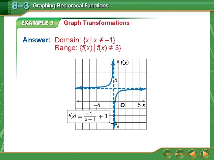 Graph Transformations Answer: Domain: {x│x ≠ – 1} Range: {f(x)│f(x) ≠ 3} 