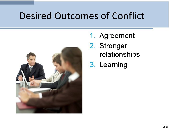 Desired Outcomes of Conflict 1. Agreement 2. Stronger relationships 3. Learning 11 -10 