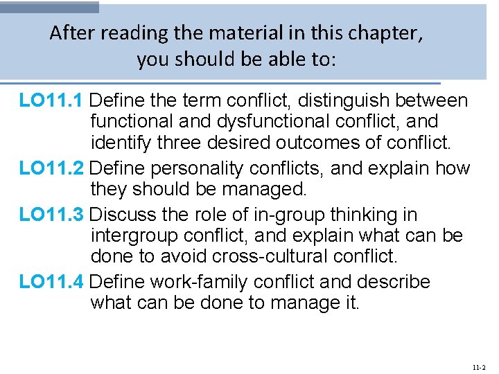 After reading the material in this chapter, you should be able to: LO 11.