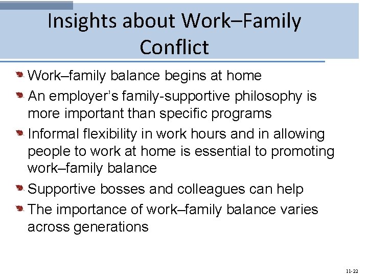 Insights about Work–Family Conflict Work–family balance begins at home An employer’s family-supportive philosophy is