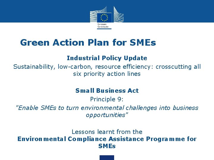 Green Action Plan for SMEs Industrial Policy Update Sustainability, low-carbon, resource efficiency: crosscutting all