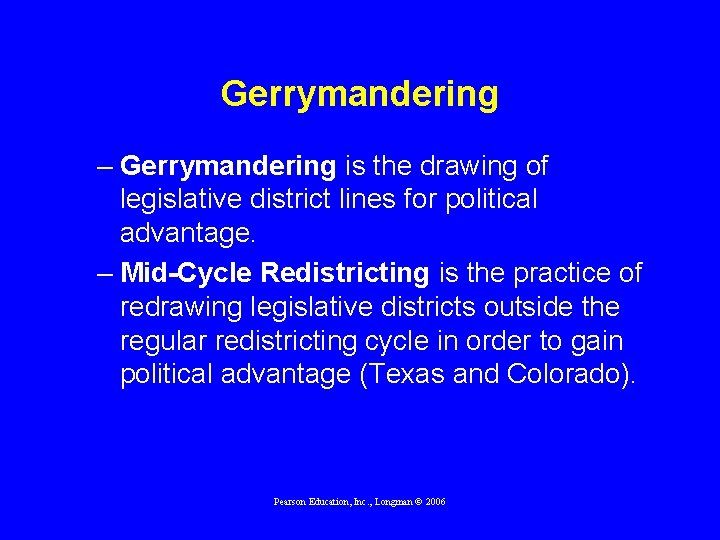 Gerrymandering – Gerrymandering is the drawing of legislative district lines for political advantage. –