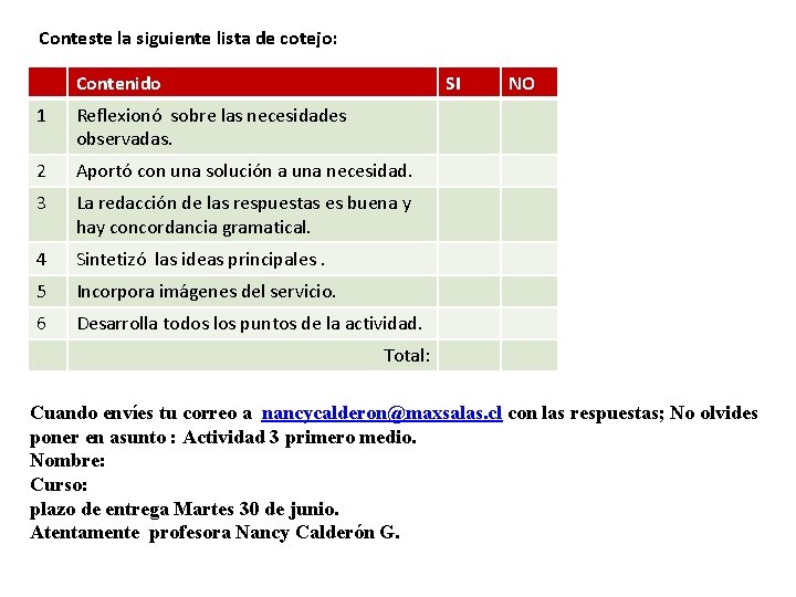 Conteste la siguiente lista de cotejo: Contenido SI 1 Reflexionó sobre las necesidades observadas.