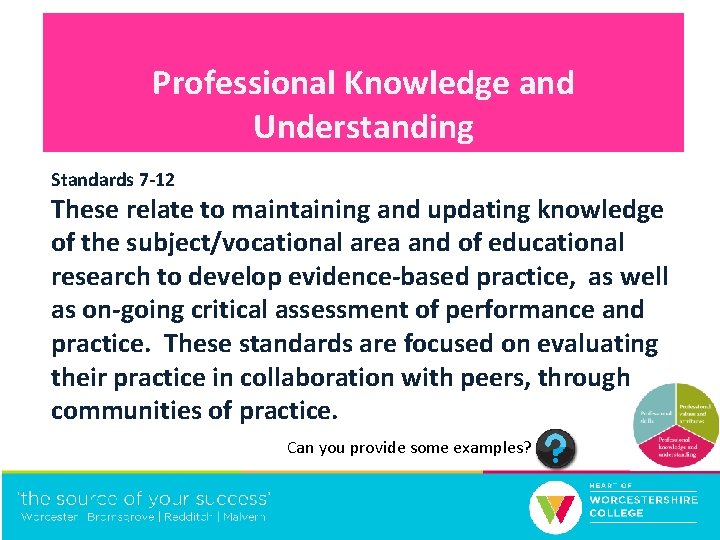 Professional Knowledge and Understanding Standards 7 -12 These relate to maintaining and updating knowledge