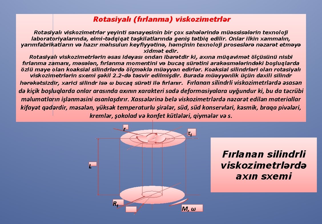 Rotasiyalı (fırlanma) viskozimetrlər Rotasiyalı viskozimetrlər yeyinti sənayesinin bir çox sahələrində müəssisələrin texnoloji laboratoriyalarında, elmi-tədqiqat