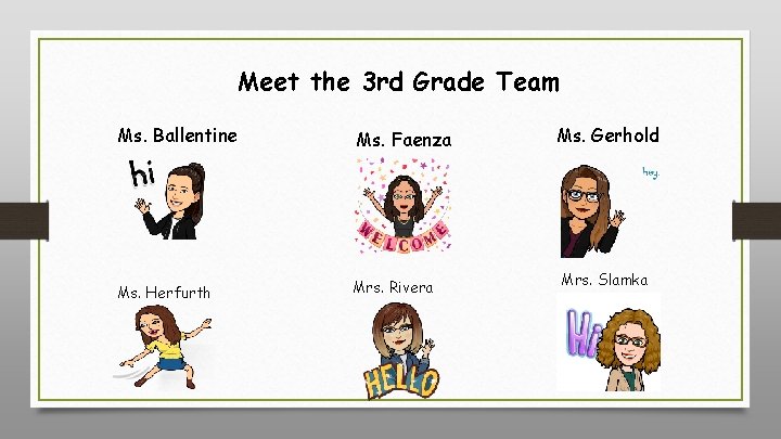 Meet the 3 rd Grade Team Ms. Ballentine Ms. Faenza Ms. Herfurth Mrs. Rivera