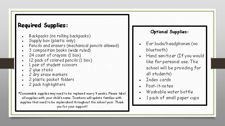 Required Supplies: ● ● ● Backpacks (no rolling backpacks) Supply box (plastic only) Pencils