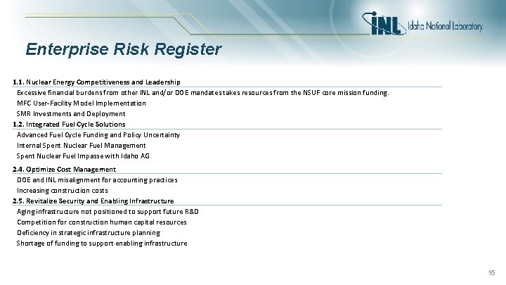 Enterprise Risk Register 1. 1. Nuclear Energy Competitiveness and Leadership Excessive financial burdens from