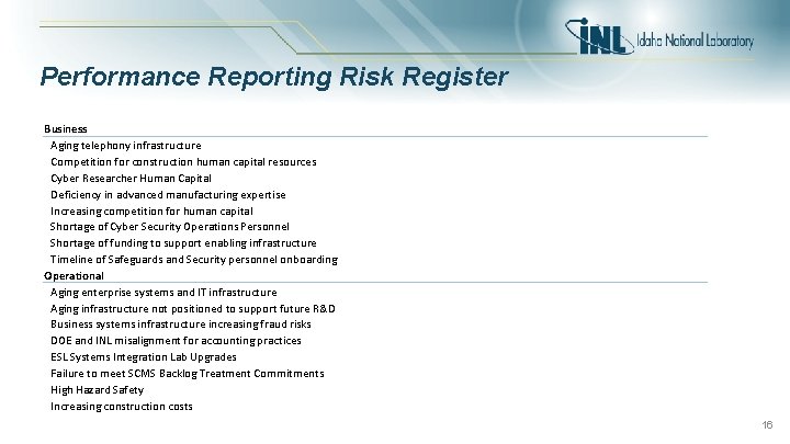 Performance Reporting Risk Register Business Aging telephony infrastructure Competition for construction human capital resources