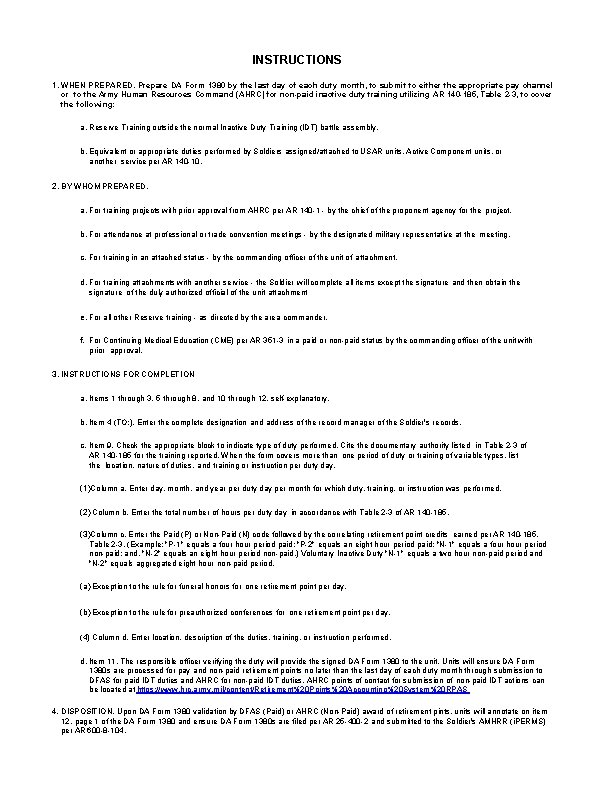 INSTRUCTIONS 1. WHEN PREPARED. Prepare DA Form 1380 by the last day of each INSTRUCTIONS 1. WHEN PREPARED. Prepare DA Form 1380 by the last day of each