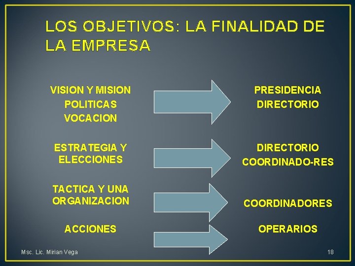 LOS OBJETIVOS: LA FINALIDAD DE LA EMPRESA VISION Y MISION POLITICAS VOCACION PRESIDENCIA DIRECTORIO