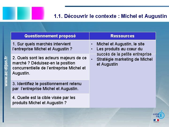 1. 1. Découvrir le contexte : Michel et Augustin Questionnement proposé Ressources • Michel