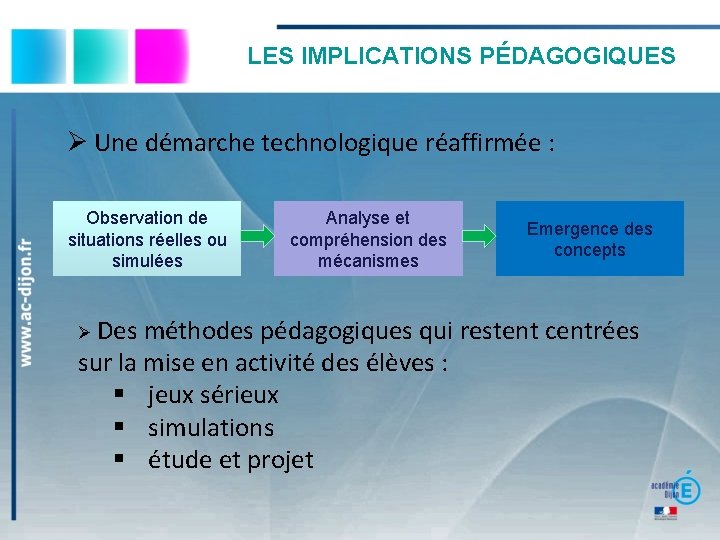 LES IMPLICATIONS PÉDAGOGIQUES Une démarche technologique réaffirmée : Observation de situations réelles ou simulées