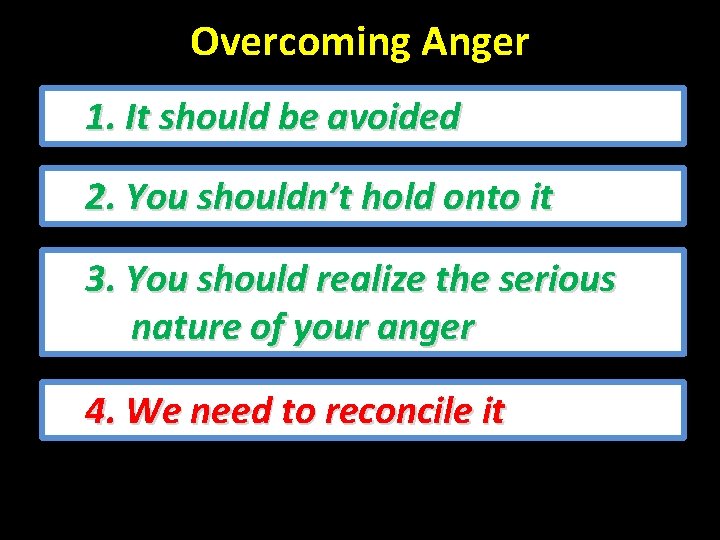 Overcoming Anger 1. It should be avoided 2. You shouldn’t hold onto it 3.