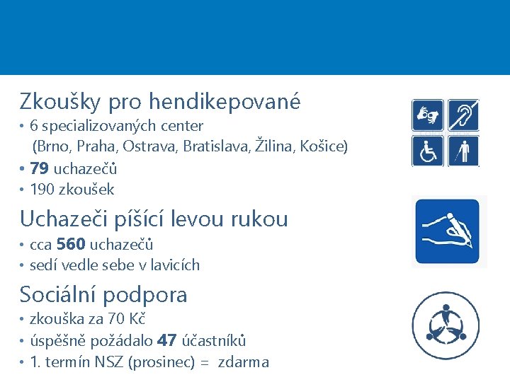 Zkoušky pro hendikepované • 6 specializovaných center (Brno, Praha, Ostrava, Bratislava, Žilina, Košice) •