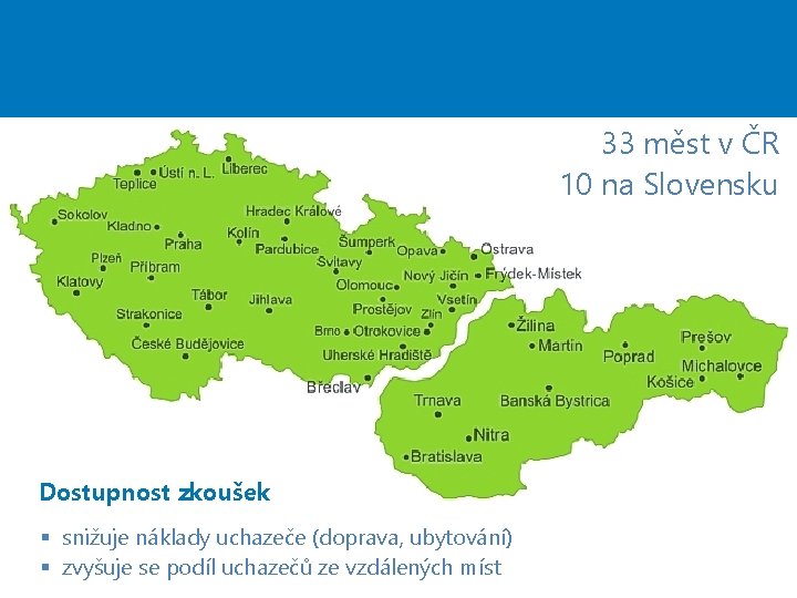 33 měst v ČR 10 na Slovensku Dostupnost zkoušek § snižuje náklady uchazeče (doprava,