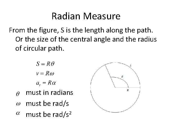 Radian Measure From the figure, S is the length along the path. Or the