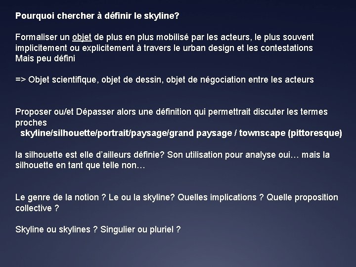 Pourquoi cher à définir le skyline? Formaliser un objet de plus en plus mobilisé