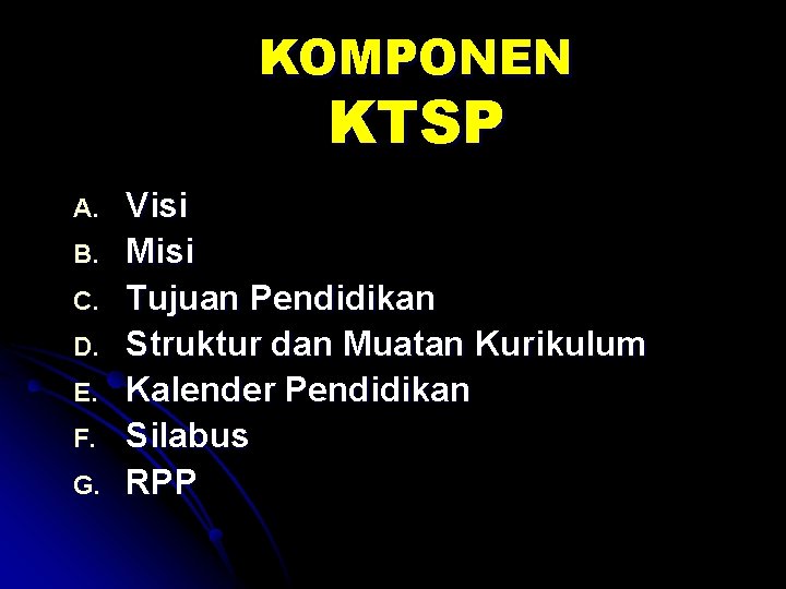 KOMPONEN KTSP A. B. C. D. E. F. G. Visi Misi Tujuan Pendidikan Struktur