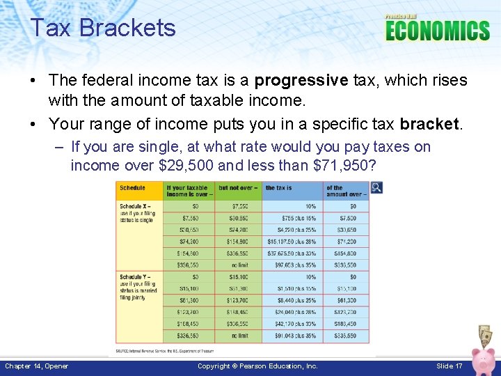 Tax Brackets • The federal income tax is a progressive tax, which rises with