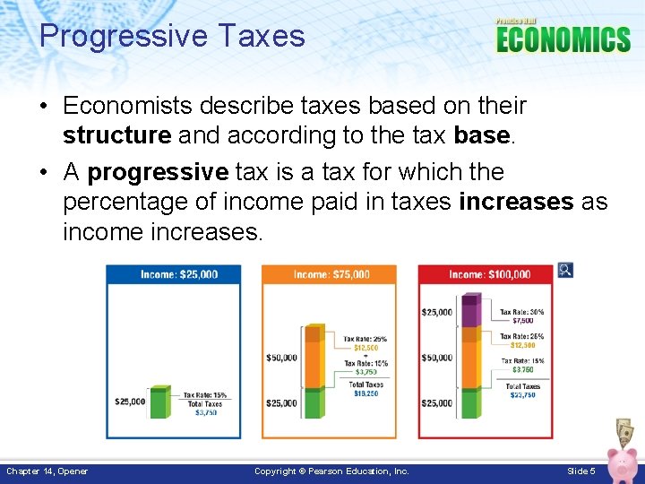 Progressive Taxes • Economists describe taxes based on their structure and according to the