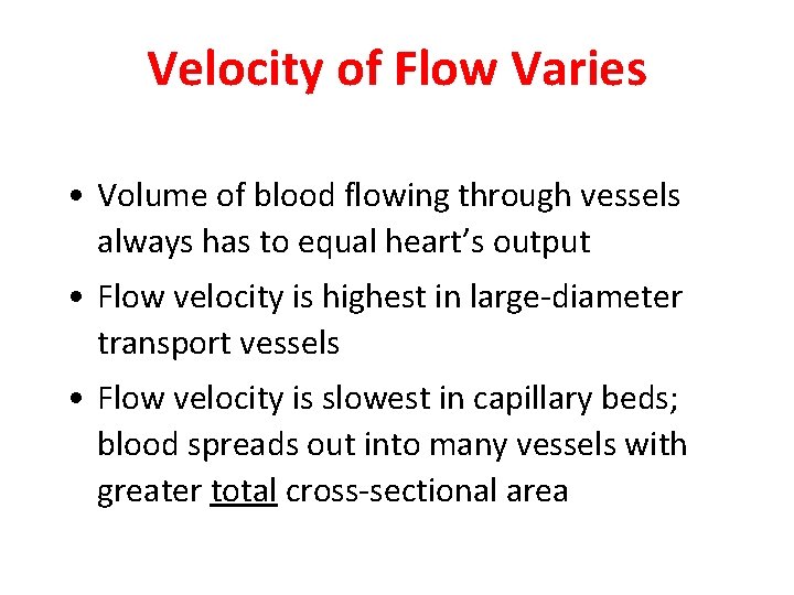 Velocity of Flow Varies • Volume of blood flowing through vessels always has to Velocity of Flow Varies • Volume of blood flowing through vessels always has to