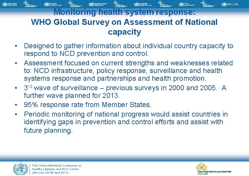 Monitoring health system response: WHO Global Survey on Assessment of National capacity • Designed