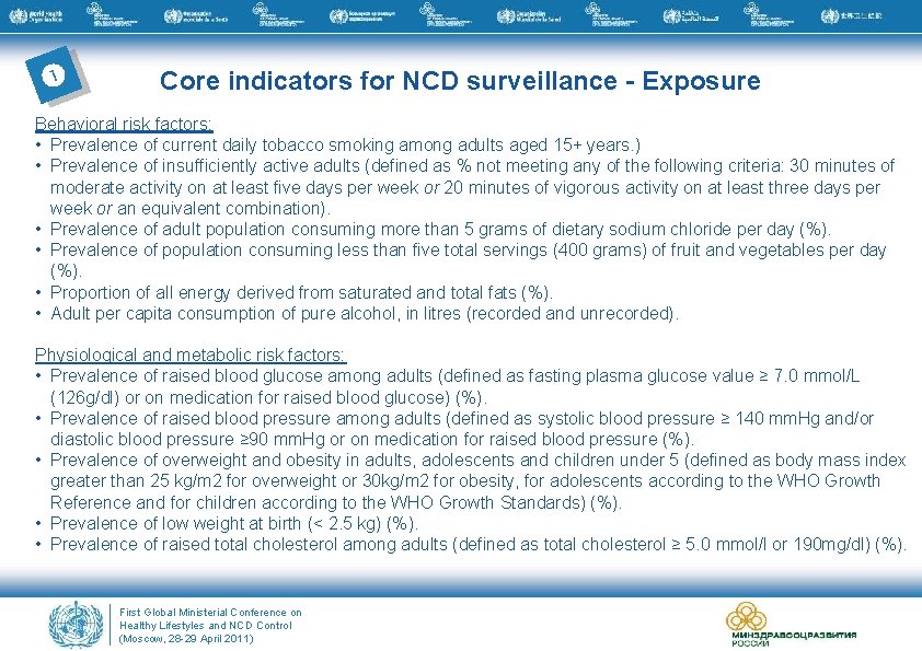  Core indicators for NCD surveillance - Exposure Behavioral risk factors: • Prevalence of