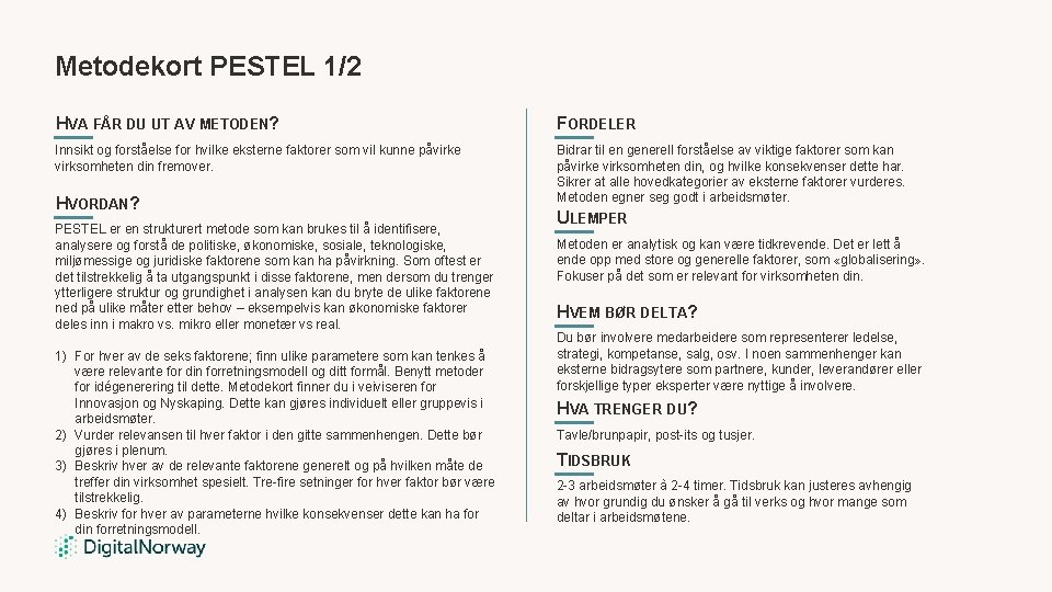 Metodekort PESTEL 1/2 HVA FÅR DU UT AV METODEN? FORDELER Innsikt og forståelse for Metodekort PESTEL 1/2 HVA FÅR DU UT AV METODEN? FORDELER Innsikt og forståelse for