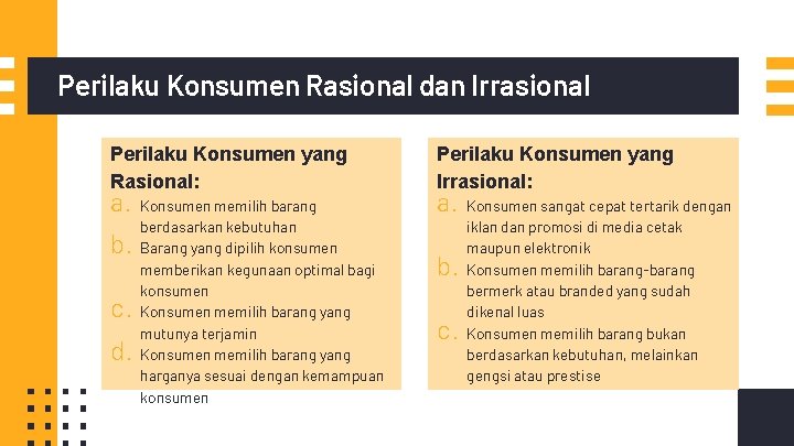 Perilaku Konsumen Rasional dan Irrasional Perilaku Konsumen yang Rasional: a. b. c. d. Konsumen Perilaku Konsumen Rasional dan Irrasional Perilaku Konsumen yang Rasional: a. b. c. d. Konsumen