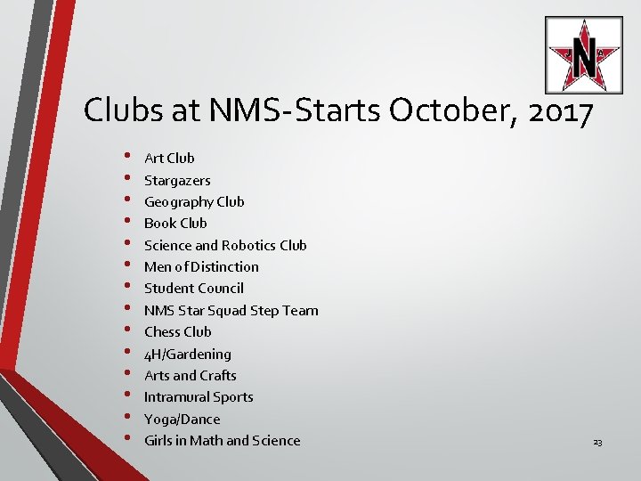 Clubs at NMS-Starts October, 2017 • • • • Art Club Stargazers Geography Club