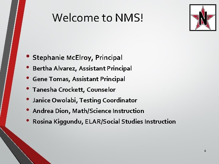 Welcome to NMS! • Stephanie Mc. Elroy, Principal • • • Bertha Alvarez, Assistant