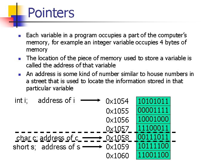 Pointers n n n Each variable in a program occupies a part of the