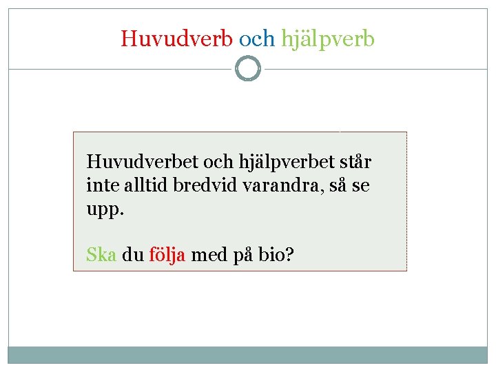 Huvudverb och hjälpverb Huvudverbet och hjälpverbet står inte alltid bredvid varandra, så se upp. Huvudverb och hjälpverb Huvudverbet och hjälpverbet står inte alltid bredvid varandra, så se upp.