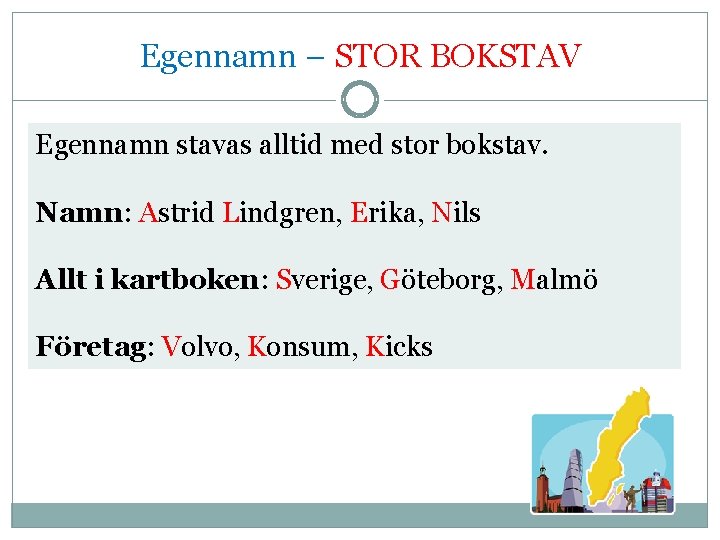 Egennamn – STOR BOKSTAV Egennamn stavas alltid med stor bokstav. Namn: Astrid Lindgren, Erika,