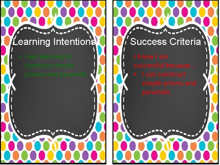 Learning Intentions Success Criteria • I am learning to construct simple prisms and pyramids.