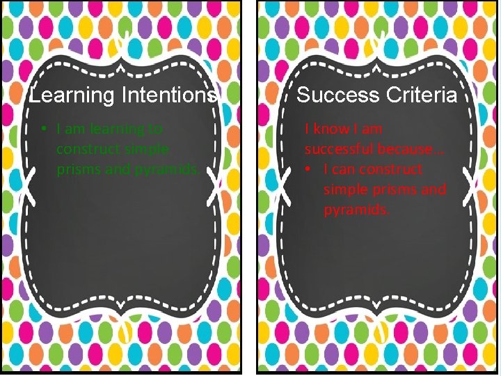 Learning Intentions Success Criteria • I am learning to construct simple prisms and pyramids.