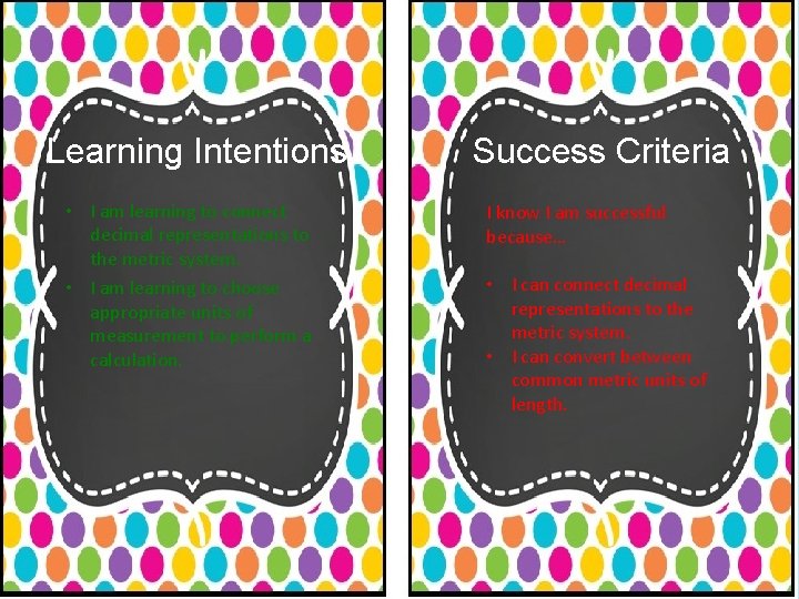 Learning Intentions • I am learning to connect decimal representations to the metric system.