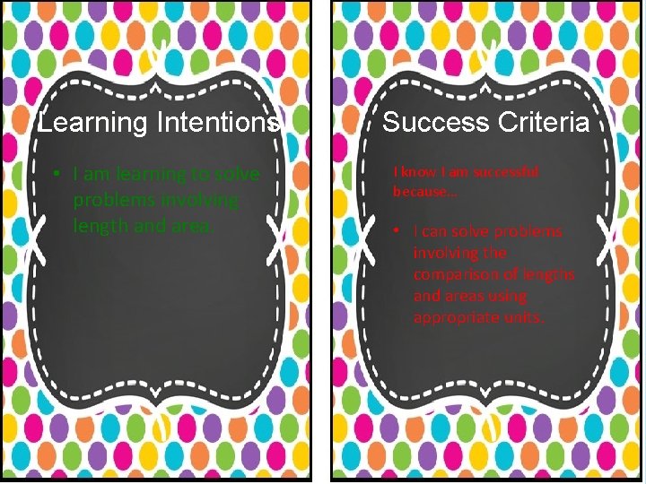 Learning Intentions • I am learning to solve problems involving length and area. Success