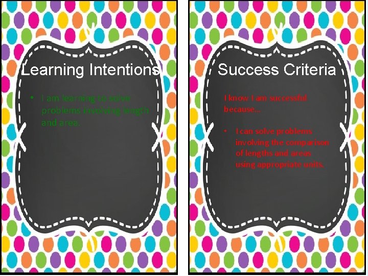 Learning Intentions • I am learning to solve problems involving length and area. Success