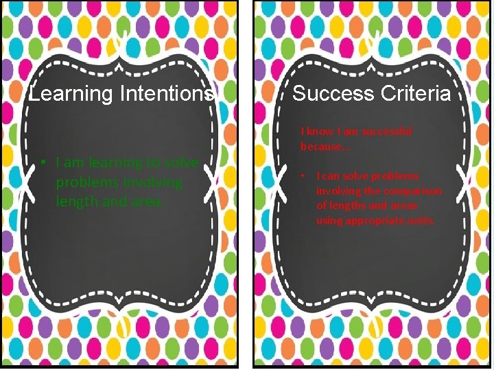 Learning Intentions • I am learning to solve problems involving length and area. Success