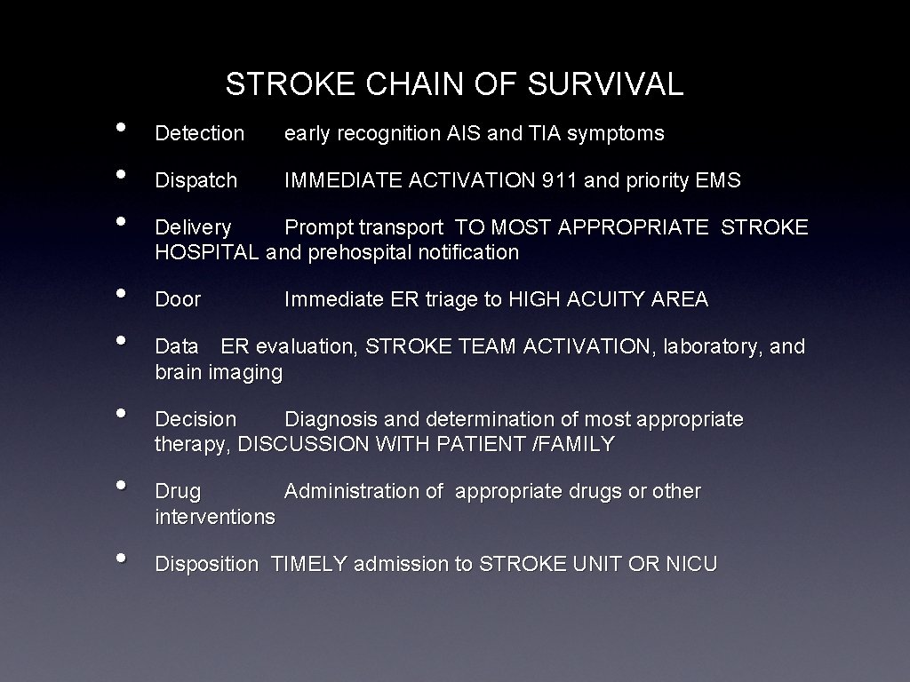 STROKE CHAIN OF SURVIVAL • • Detection early recognition AIS and TIA symptoms Dispatch