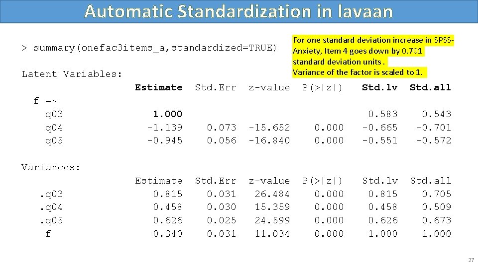 Automatic Standardization in lavaan > summary(onefac 3 items_a, standardized=TRUE) Latent Variables: Estimate f =~