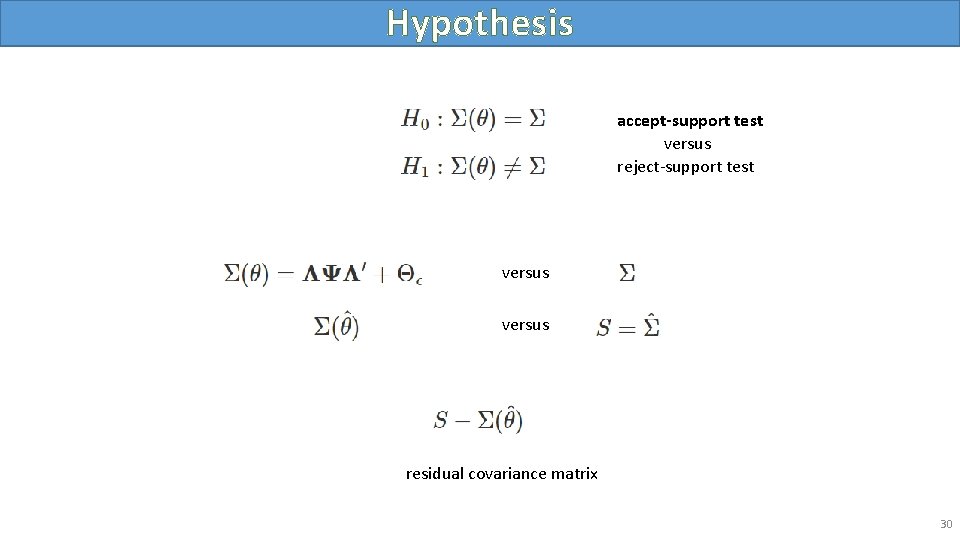 Hypothesis accept-support test versus reject-support test versus residual covariance matrix 30 