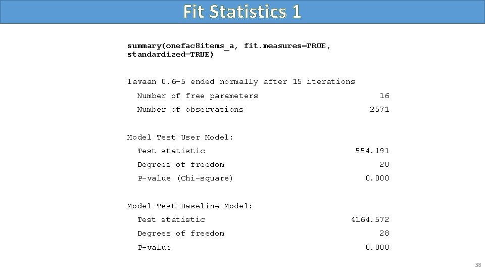 Fit Statistics 1 summary(onefac 8 items_a, fit. measures=TRUE, standardized=TRUE) lavaan 0. 6 -5 ended