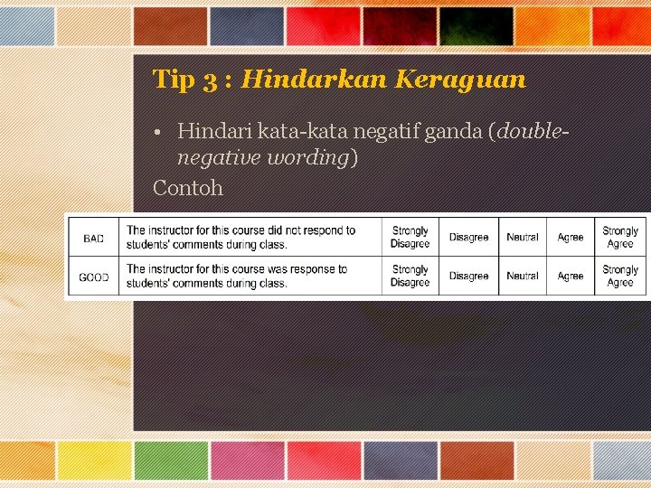 Tip 3 : Hindarkan Keraguan • Hindari kata-kata negatif ganda (doublenegative wording) Contoh 